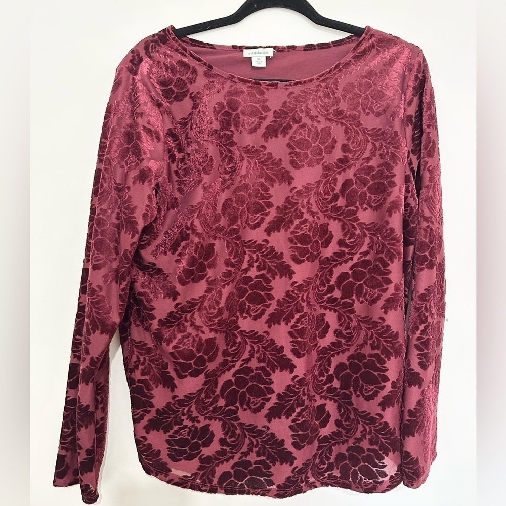 Sundance MAROON Top Long Sleeve Velvet FLORAL Delicate Senses Shirt Size xl